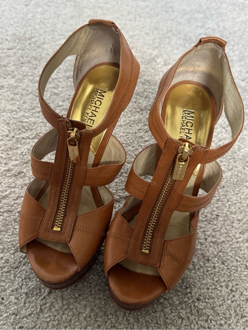 Michael Kors ST13J Slingback Strappy Stilettos Cognac Leather Gold ZipperSz 6.5